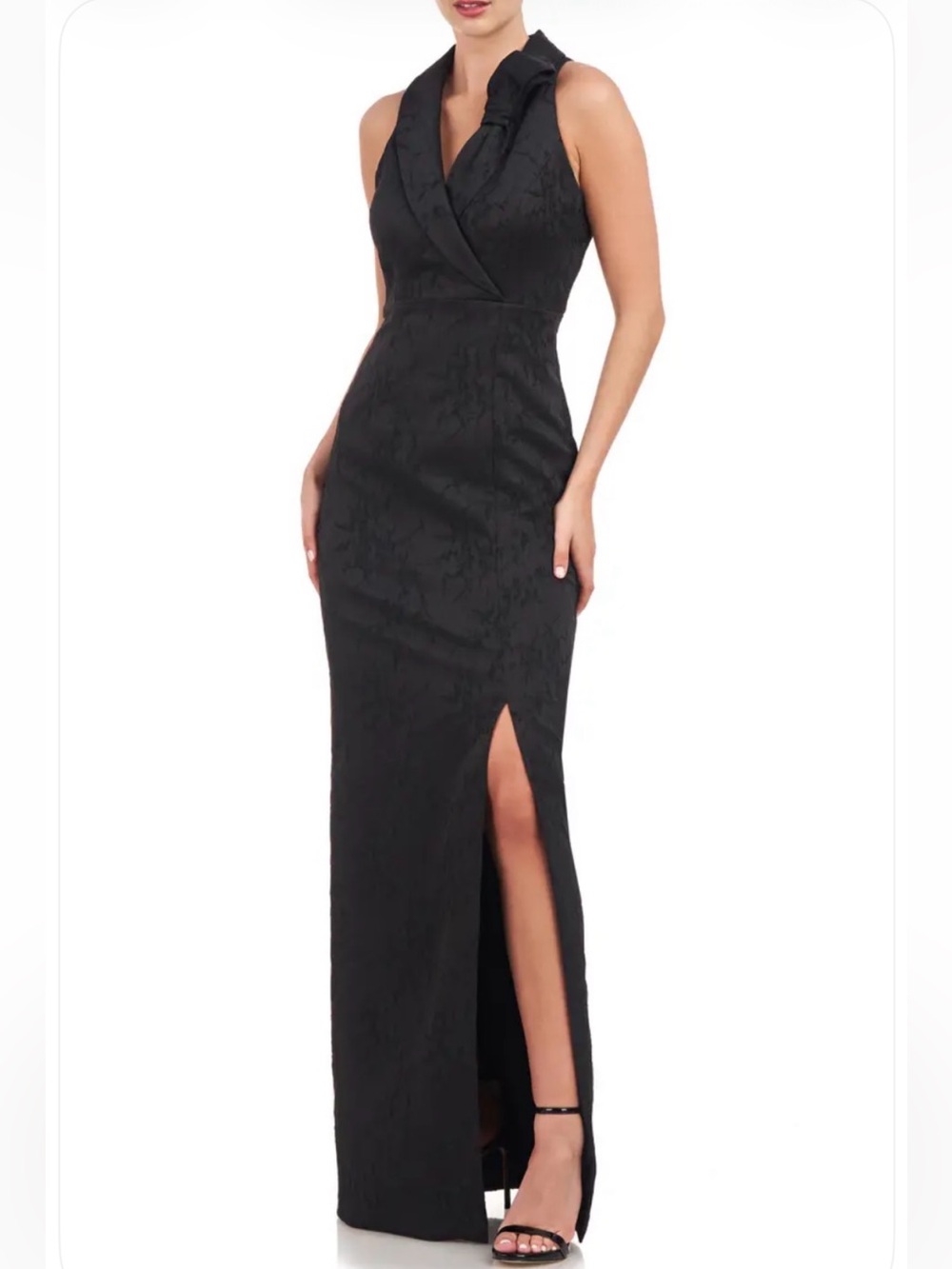 JS Collections Black Jacquard Textured Sleeveless Tuxedo Column Gown NWOT
